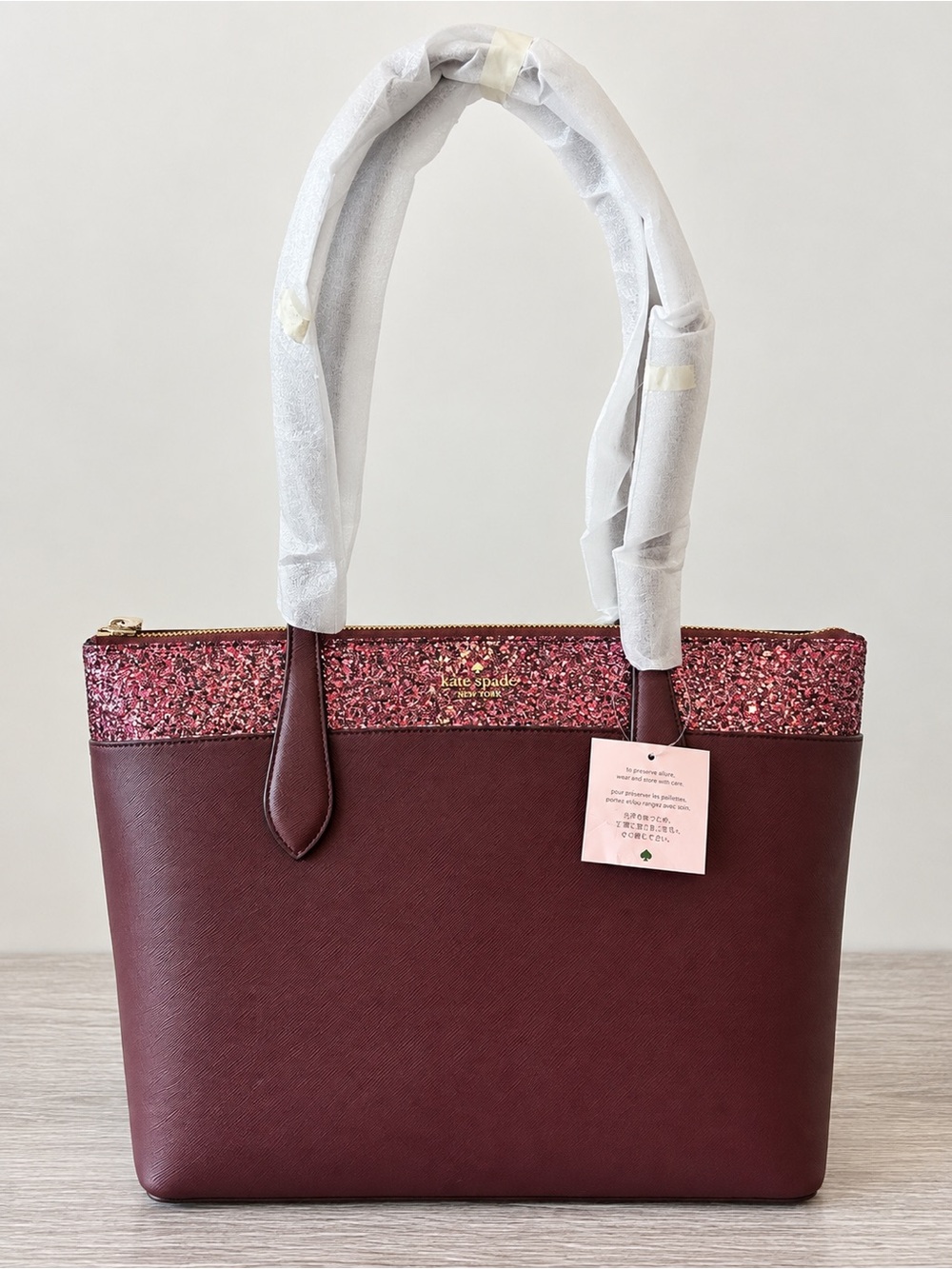 Kate Spade New York Cherrywood Burgundy Glitter Tote Shoulder Bag K8706 NWT